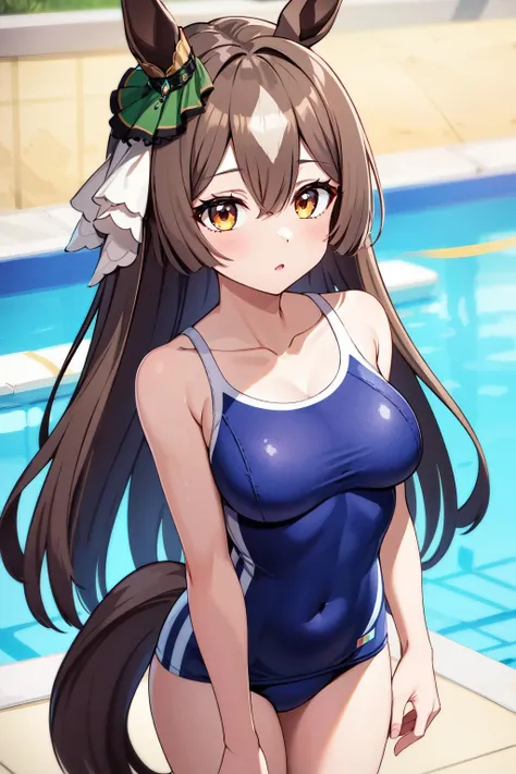 masterpiece, best quality, highres, ccsato, long hair, half updo, braid, hair between eyes, animal ears, ear ornament, horse tail, breasts, collarbone, school swimsuit, blue one-piece swimsuit, <lora:satono_diamond_v1-1:0.8>, standing, poolside, cowboy shot