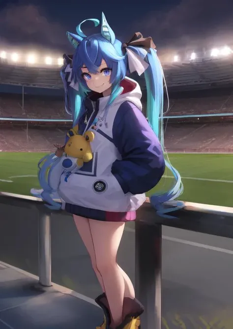 (masterpiece, best quality:1.2), extremely detailed, soft ambient lighting, sharp focus, 4K, BREAK <lora:twin_turbo_loha:0.7>, twin turbo \(umamusume\), 1girl, solo, blue hair twintails, stuffed bunny, hoodie, hood down, hooded coat, puffy long sleeves, multicolored clothes, multicolored jacket, drawstring, nail polish, black bodysuit, ankle boots, yellow footwear, BREAK outdoors, stadium, looking at viewer, smug smile, standing, leg space,
