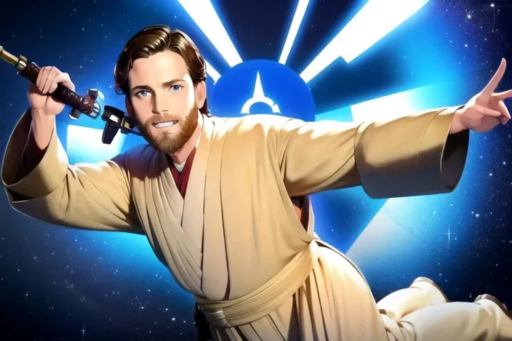 masterpiece, best quality, anime, joyful, obiwan,rots, episode3 ,smiling,full body<lora:obiwan:1>