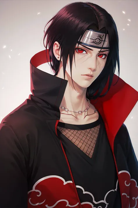 (masterpiece, best quality:1.2), <lyco:naruto_uchihaitachi-10:1.0>, red theme, solo, male focus, 1boy, uchiha itachi, expressionless, closed mouth, looking at viewer, forehead protector, ninja, cloak, high collar, jewelry, necklace