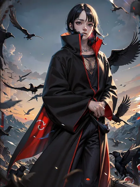 (masterpiece, best quality, high resolution,grainy:1.2),
BREAK <lora:naruto_uchihaitachi:1>, (uchiha itachi:1.2), long hair,forehead protector, ninja, cloak, high collar, jewelry, necklace,black hair ,red eyes , male, 1boy, black smoke surrounding, covered in black smoke, glowing eyes,
BREAK crows, turning into crows, (surrounded by crows:1.1),