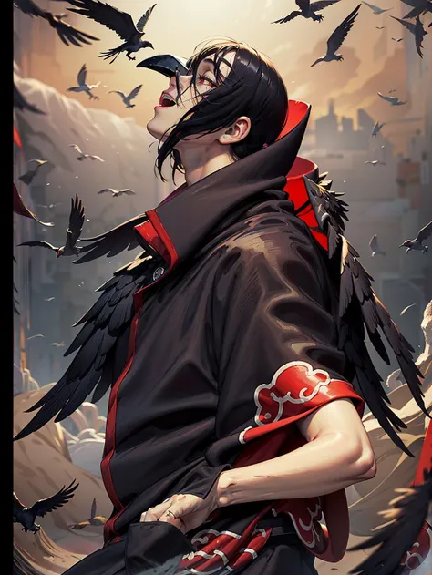 (masterpiece, best quality, high resolution,grainy:1.2),
BREAK <lora:naruto_uchihaitachi:1>, (uchiha itachi:1.2), long hair,forehead protector, ninja, cloak, high collar, jewelry, necklace,black hair ,red eyes , male, 1boy,
BREAK crows, turning into crows, surrounded by crows,
