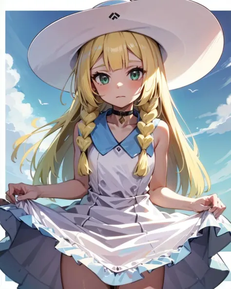 1girl, solo, cowboy shot,
<lora:lillie_(pokemon)_v1:1>, aalillie, long hair, braid, sun hat, white headwear, collarbone, sleeveless dress, white dress,
<lora:skirt_lift_pov:0.2> , <lora:LiftSkirt:0.2>, lifted by self, skirt,