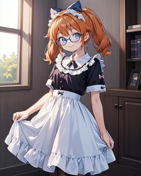 1girl, semi-rimless eyewear, small breasts,  standing, indoors, cowboy shot, 
 <lora:popuri_v9_locon-000003:0.4>, <lora:popurin_moe:0.5>, (blue eyes, hair bow, orange hair, twintails),ribbon, 
 <lora:skirt_lift_pov:0.6>, lifted by self, skirt lift, 
 <lora:maid_attire_v2:0.4>, maid attire, black pantyhose, white t-shirt, arms at sides, smile, short sleeves,