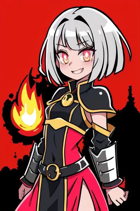 <lora:BloodSkelterStyle-30:0.65> Blood_Skelter, pink blood, glowing eyes, fire, SFW, 1Girl, Adult, (slutty Bahamian:1.2) woman, sagging medium breasts, medium silver dice bob hairstyle, wearing red organza outfit, beryl jewelry, Armored Dress accents, glowing pupils, red-orange eyes, amused expression, ornate aesthetic desert aura with ravine background, flat colors, cel shading, hard shadows, outlines, vector art, (riotous:0.75) (vhugq:1.0625) (izfgekchqj:1.0) (mist:0.875) (bfyhh:1.125) (yhngtfjzcb:0.8125) (desert:1.125) (dnaxl:0.8125) (vzepq:1.0) (zzzrqomgcv:1.1875) (wdcdgorixc:1.25) (refinery:1.125)