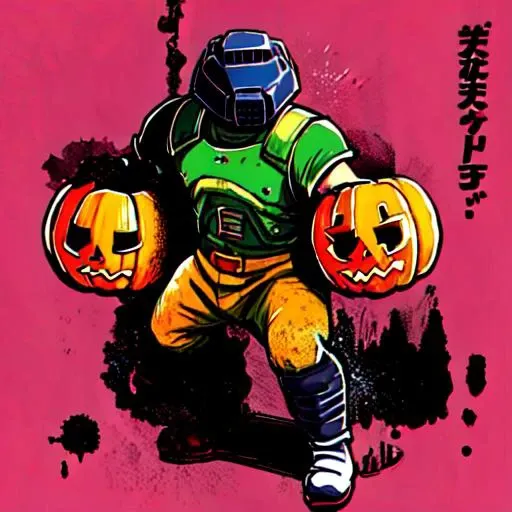 doomguy,<lora:doomguy-15:0.8> , Beautiful Art Style, 1girl, young woman, looking at viewer, cunning, wrestling ring, toe-point, pumpkin costume, satsui, <lora:satsui:0.8>, Blood_Skelter,<lora:BloodSkelterStyle-30:0.8>
