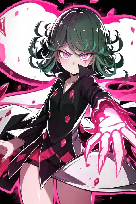 best quality, (Masterpiece),intricate, detailed, simple background , tatsumaki, <lora:tatsumaki:0.7>, <lora:BloodSkelterStyle-30:0.8>,Blood_Skelter, glowing eyes, pink blood, fire,cowboy shot,