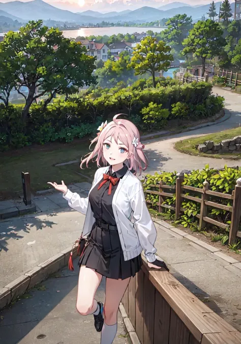original,(illustration:1.1),(best quality),(masterpiece:1.1),(beautiful and clear background:1.25),(extremely detailed CG unity 8k wallpaper:1.1), (colorful:0.9),(depth of field:0.75),( ink splashing:0.95),(color splashing:0.85),(watercolor:0.65),(solo:1.3), (1girl), Lanzhu \(Lovelive\),beautiful detailed eyes, light smile, looking_at_viewer, crossed_arms, ((landscape,nature, lake,tree,flower, flower field,building,village,sunrise,beautiful detailed water, beautiful detailed sky)), the background of detail,<lora:loveliveLanzhu_lanzhu:0.7>