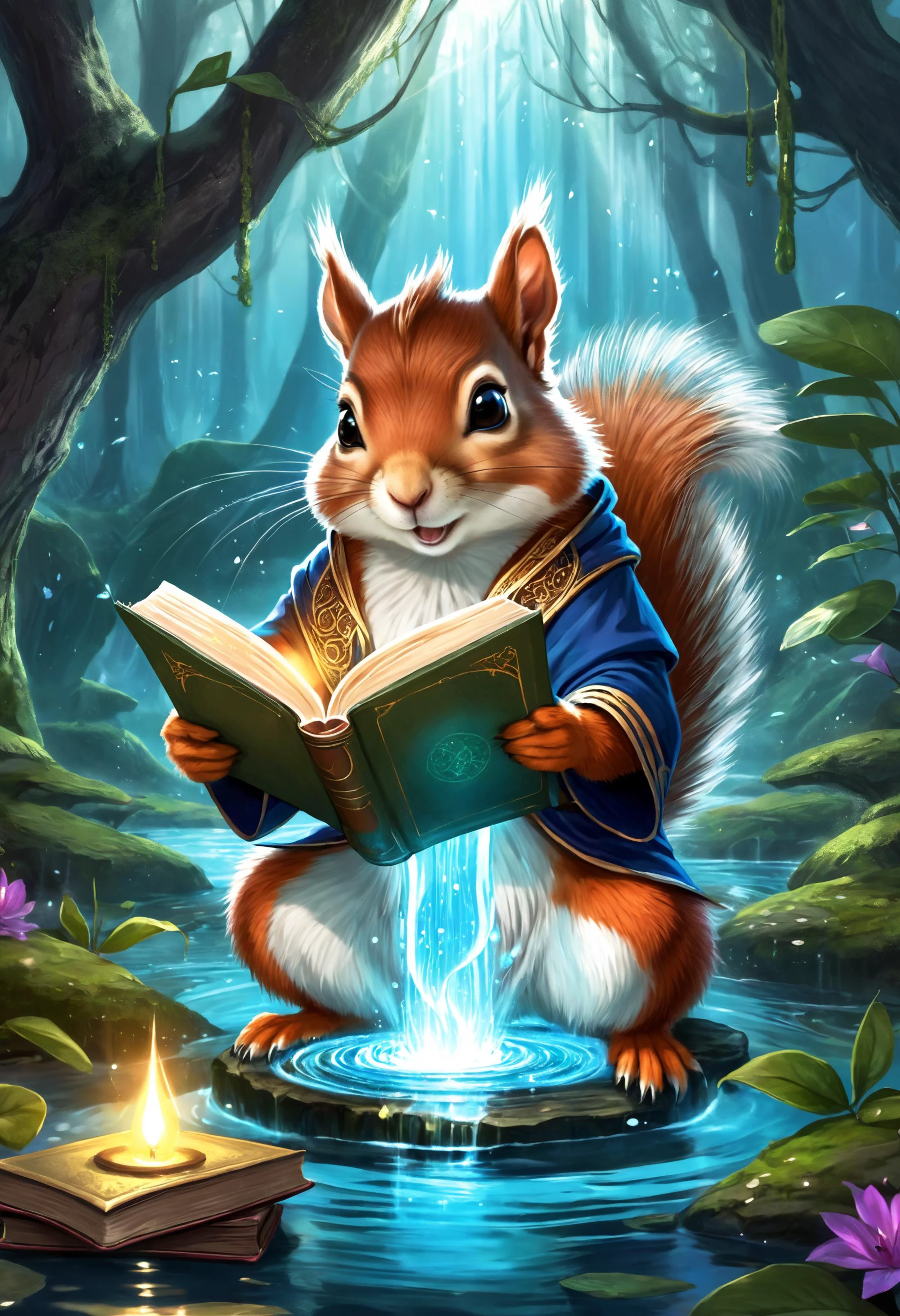 digital art, a cute squirrel mage, mystical aura, reading a book, waterbender, fantasy