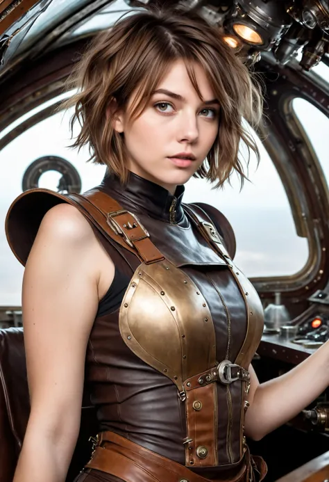 high detail, photo realism, natural skin texture, skin details, natural pores, pale and natural,
professional photography of a 20yo short messy light brown bob hairstyles with highlights girl flying through space in a steampunk spaceship, from a distance, full body, perfect eyes, (nsfw)