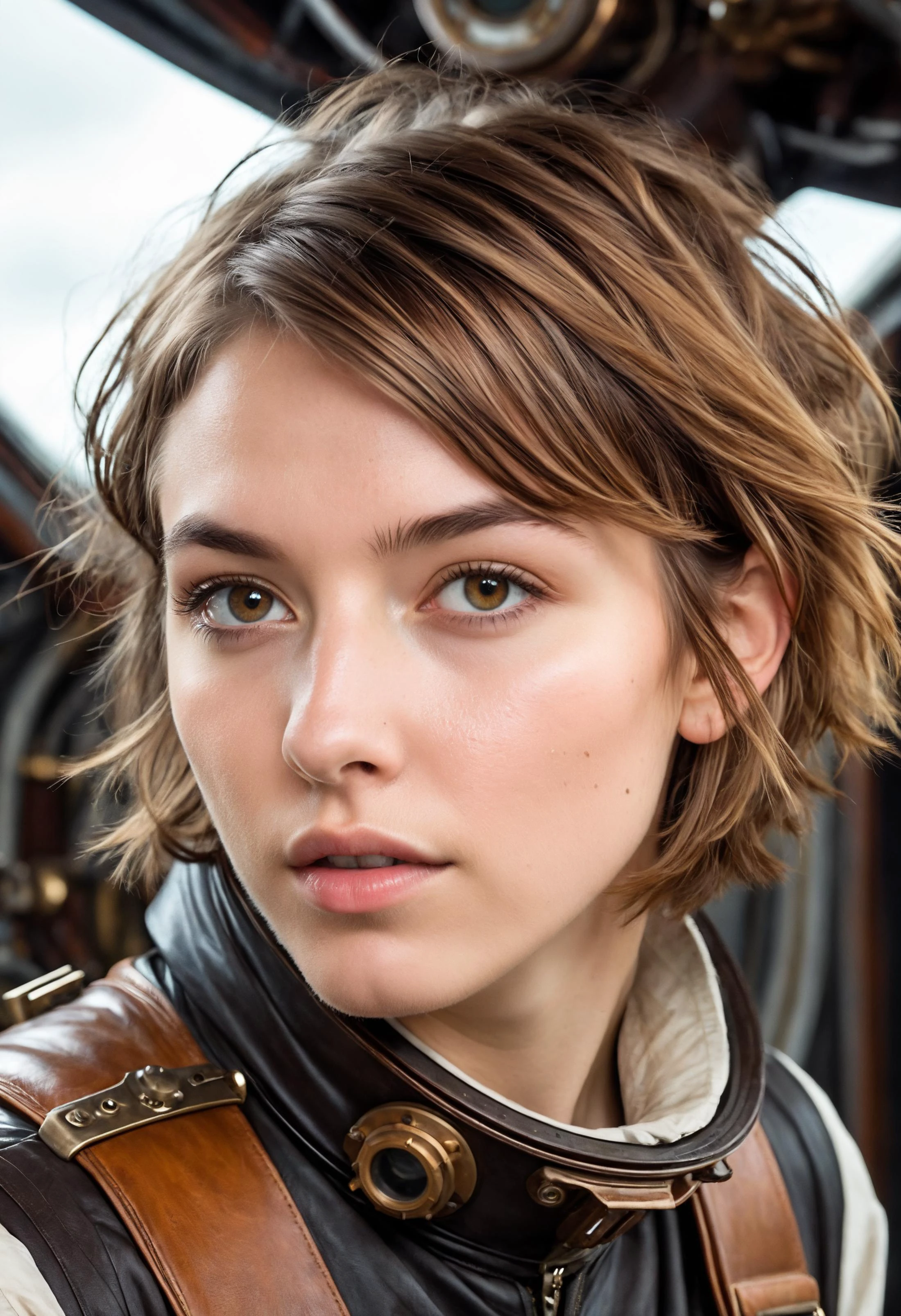 high detail, photo realism, natural skin texture, skin details, natural pores, pale and natural,
professional photography of a 20yo short messy light brown bob hairstyles with highlights girl flying through space in a steampunk spaceship, from a distance, full body, perfect eyes, (nsfw)