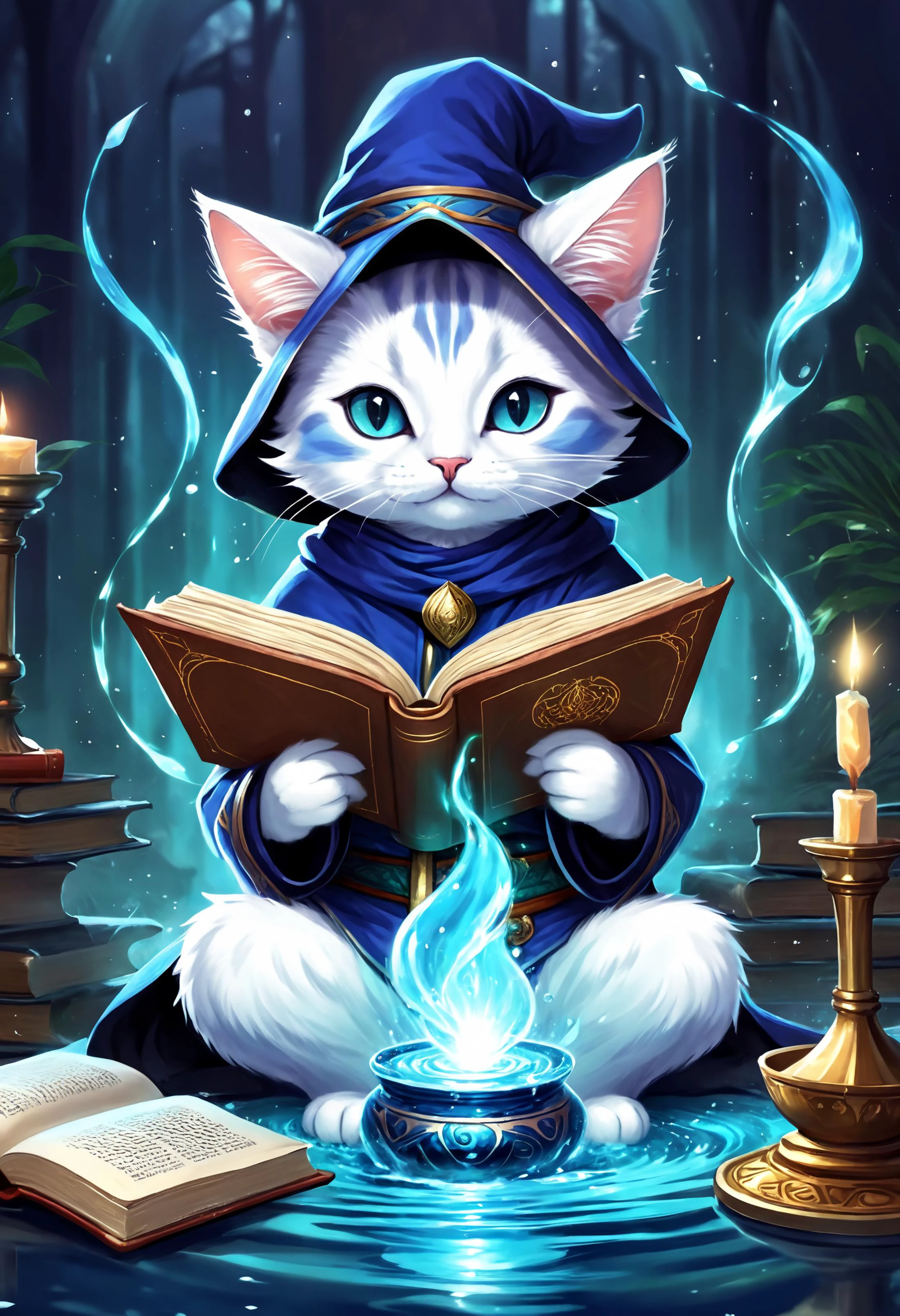 digital art, a cute cat mage, mystical aura, reading a book, waterbender, fantasy