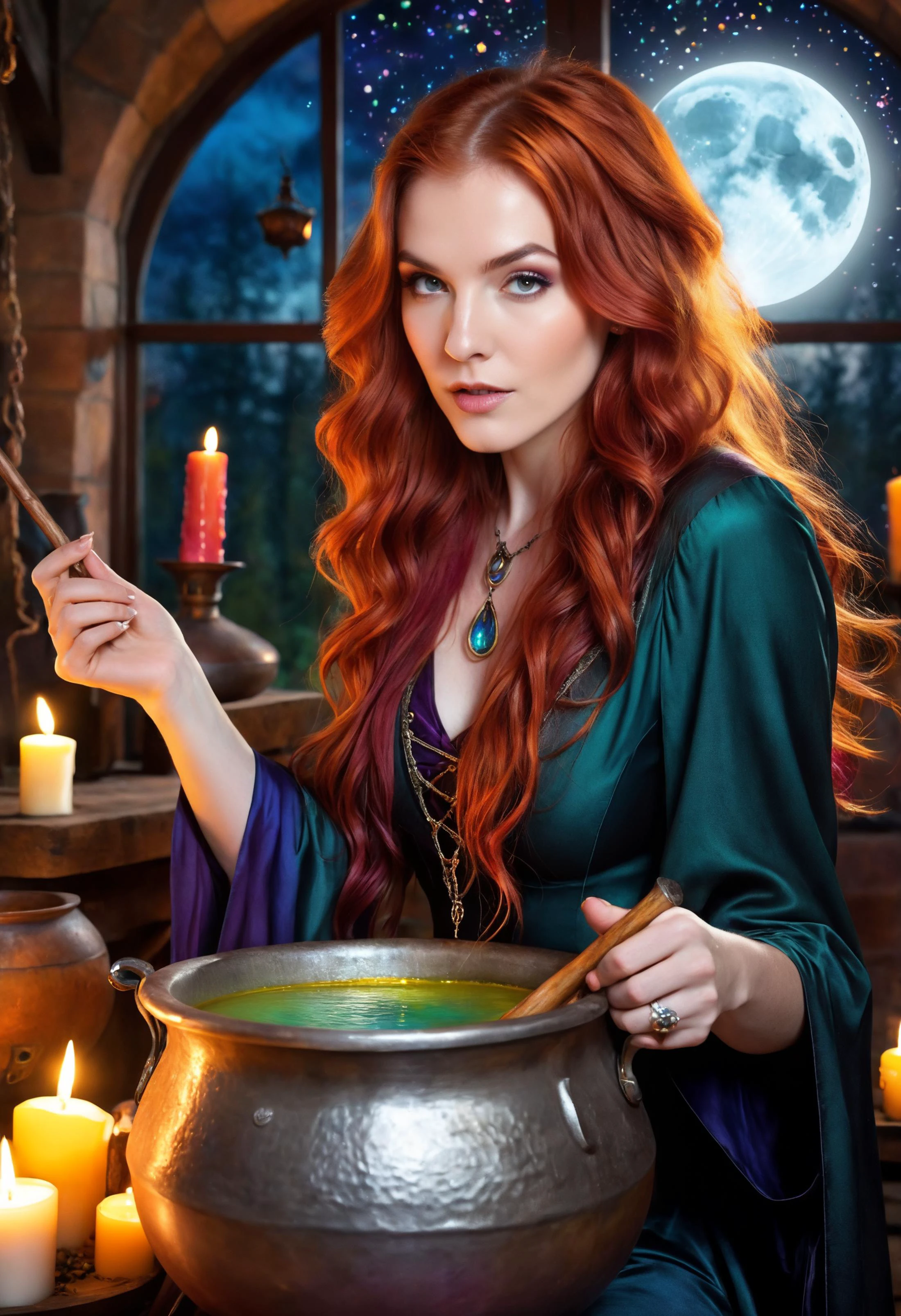 high detail, photo realism, natural skin texture, skin details, natural pores, pale and natural, professional photography,
The charming sorceress brews a potion in a cauldron under a full moon, surrounded by candles and colorful flash in a musical workshop.
Long wavy red hair, particles of magic flying all over the room shimmering with all the colors of the rainbow.