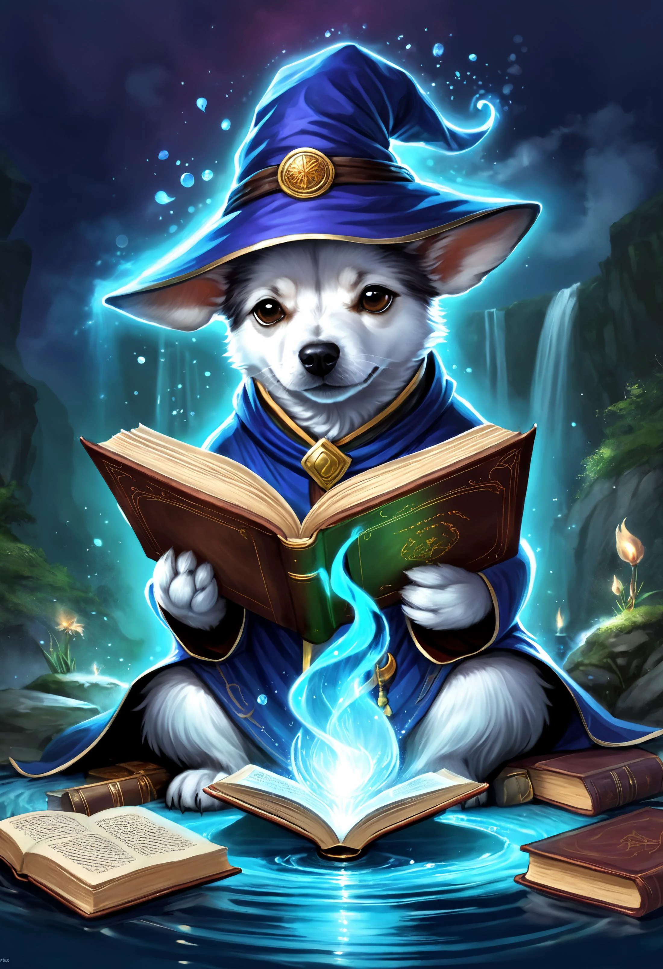 digital art, a cute dog mage, mystical aura, reading a book, waterbender, fantasy