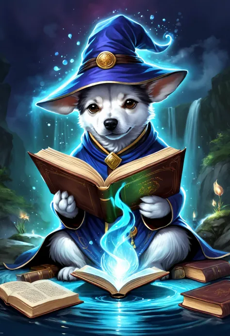 digital art, a cute dog mage, mystical aura, reading a book, waterbender, fantasy