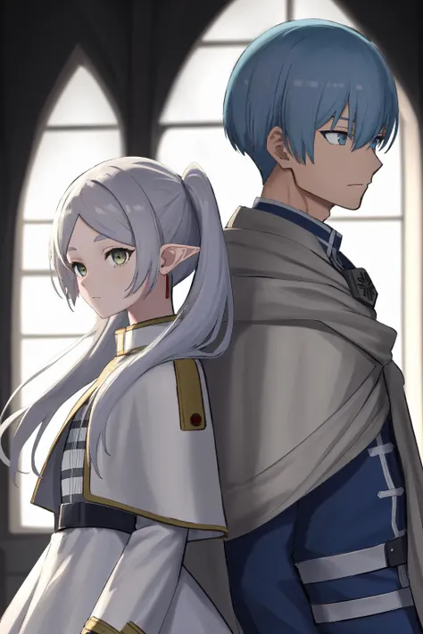 masterpiece, best quality, highres, 1girl frieren, white capelet striped shirt dress, 1boy himmel, cloak uniform <lora:himmel_frieren_5:1> height difference, back-to-back