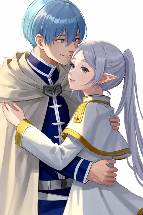 masterpiece, best quality, highres, 1girl frieren, white capelet striped shirt dress, 1boy himmel, cloak uniform <lora:himmel_frieren_5:1> hug, (smile:0.5), [kiss::0.4] face-to-face