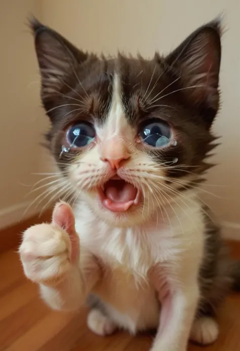 score_9, score_8_up, score_7_up, score_6_up, score_5_up, score_4_up, houdinangel, cat, animal focus, thumbs up, tears, cry, crying, crying style