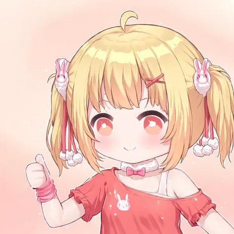 <lora:xl_aprob_(meme) :1>,smile,chibi,bright pupils,thumbs up,blush,Tuya, off-shoulder shirt,bunny print,  animal print, blush, off shoulder, looking at viewer, red shirt, wristband , <lora:Tuya_xl:0.9>,simple background,, masterpiece, best quality,