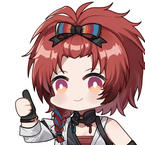 score_9, score_8_up, score_7_up, source_anime, 1girl, white background, simple background,
BREAK ,
red hair, bangs pinned back, braid, chixia_ww, smile,chibi,bright pupils,thumbs up,blush