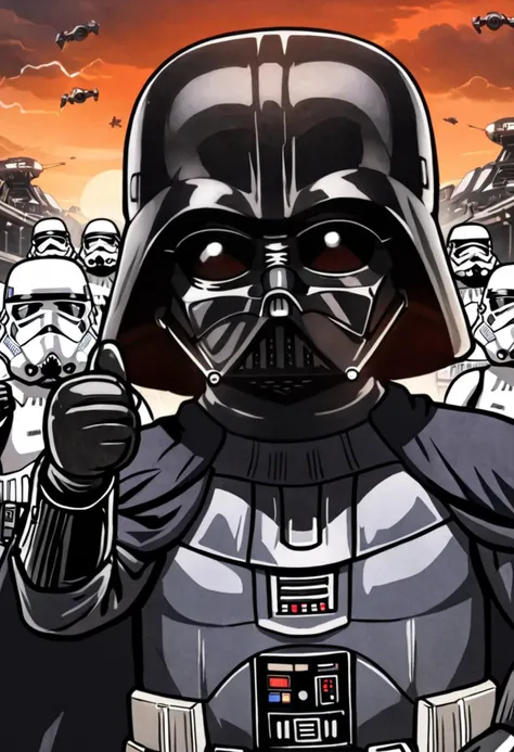 darth vader, black mask, small,soviet poster,smile,chibi,bright pupils,thumbs up,blush,(empty upper third of image:1.3),masterpiece, best quality, aesthetic,cute,   storm troopers in background,sky, tie figters,
<lora:Soviet-poster:1.0>,  <lora:xl_aprob_(meme)2:1>