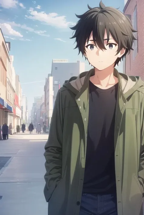 shuuogata, <lora:shuu ogata s1-lora-nochekaiser:1>,
shuu ogata, short hair, black hair, hair between eyes, male focus, (black eyes:1.3),
BREAK shirt, jacket, open clothes, open jacket, black shirt, green jacket,
BREAK outdoors, city, sky, sun, clouds, buildings, cars, people, crowd,
BREAK looking at viewer, (cowboy shot:1.5),
BREAK <lyco:GoodHands-beta2:1>, (masterpiece:1.2), best quality, high resolution, unity 8k wallpaper, (illustration:0.8), (beautiful detailed eyes:1.6), extremely detailed face, perfect lighting, extremely detailed CG, (perfect hands, perfect anatomy),