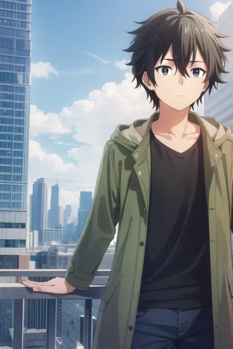 shuuogata, <lora:shuu ogata s1-lora-nochekaiser:1>,
shuu ogata, short hair, black hair, hair between eyes, male focus, (black eyes:1.3),
BREAK shirt, jacket, open clothes, open jacket, black shirt, green jacket,
BREAK outdoors, city, sky, sun, clouds, buildings, cars, people, crowd,
BREAK looking at viewer, (cowboy shot:1.5),
BREAK <lyco:GoodHands-beta2:1>, (masterpiece:1.2), best quality, high resolution, unity 8k wallpaper, (illustration:0.8), (beautiful detailed eyes:1.6), extremely detailed face, perfect lighting, extremely detailed CG, (perfect hands, perfect anatomy),