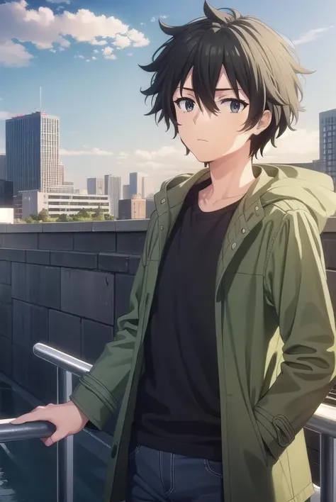 shuuogata, <lora:shuu ogata s1-lora-nochekaiser:1>,
shuu ogata, short hair, black hair, hair between eyes, male focus, (black eyes:1.3),
BREAK shirt, jacket, open clothes, open jacket, black shirt, green jacket,
BREAK outdoors, city, sky, sun, clouds, buildings, cars, people, crowd,
BREAK looking at viewer, (cowboy shot:1.5),
BREAK <lyco:GoodHands-beta2:1>, (masterpiece:1.2), best quality, high resolution, unity 8k wallpaper, (illustration:0.8), (beautiful detailed eyes:1.6), extremely detailed face, perfect lighting, extremely detailed CG, (perfect hands, perfect anatomy),
