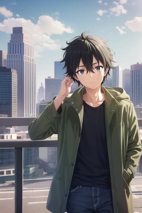 shuuogata, <lora:shuu ogata s1-lora-nochekaiser:1>,
shuu ogata, short hair, black hair, hair between eyes, male focus, (black eyes:1.3),
BREAK shirt, jacket, open clothes, open jacket, black shirt, green jacket,
BREAK outdoors, city, sky, sun, clouds, buildings, cars, people, crowd,
BREAK looking at viewer, (cowboy shot:1.5),
BREAK <lyco:GoodHands-beta2:1>, (masterpiece:1.2), best quality, high resolution, unity 8k wallpaper, (illustration:0.8), (beautiful detailed eyes:1.6), extremely detailed face, perfect lighting, extremely detailed CG, (perfect hands, perfect anatomy),