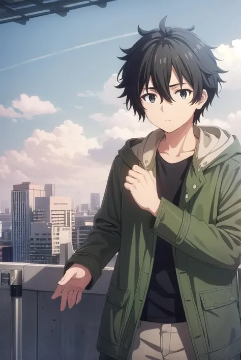 shuuogata, <lora:shuu ogata s1-lora-nochekaiser:1>,
shuu ogata, short hair, black hair, hair between eyes, male focus, (black eyes:1.3),
BREAK shirt, jacket, open clothes, open jacket, black shirt, green jacket,
BREAK outdoors, city, sky, sun, clouds, buildings, cars, people, crowd,
BREAK looking at viewer, (cowboy shot:1.5),
BREAK <lyco:GoodHands-beta2:1>, (masterpiece:1.2), best quality, high resolution, unity 8k wallpaper, (illustration:0.8), (beautiful detailed eyes:1.6), extremely detailed face, perfect lighting, extremely detailed CG, (perfect hands, perfect anatomy),