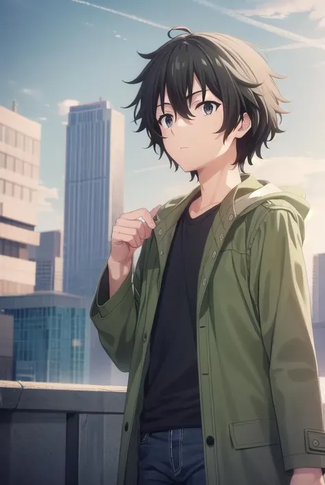 shuuogata, <lora:shuu ogata s1-lora-nochekaiser:1>,
shuu ogata, short hair, black hair, hair between eyes, male focus, (black eyes:1.3),
BREAK shirt, jacket, open clothes, open jacket, black shirt, green jacket,
BREAK outdoors, city, sky, sun, clouds, buildings, cars, people, crowd,
BREAK looking at viewer, (cowboy shot:1.5),
BREAK <lyco:GoodHands-beta2:1>, (masterpiece:1.2), best quality, high resolution, unity 8k wallpaper, (illustration:0.8), (beautiful detailed eyes:1.6), extremely detailed face, perfect lighting, extremely detailed CG, (perfect hands, perfect anatomy),