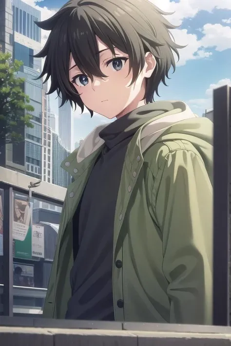 shuuogata, <lora:shuu ogata s1-lora-nochekaiser:1>,
shuu ogata, short hair, black hair, hair between eyes, male focus, (black eyes:1.3),
BREAK shirt, jacket, open clothes, open jacket, black shirt, green jacket,
BREAK outdoors, city, sky, sun, clouds, buildings, cars, people, crowd,
BREAK looking at viewer, (cowboy shot:1.5),
BREAK <lyco:GoodHands-beta2:1>, (masterpiece:1.2), best quality, high resolution, unity 8k wallpaper, (illustration:0.8), (beautiful detailed eyes:1.6), extremely detailed face, perfect lighting, extremely detailed CG, (perfect hands, perfect anatomy),