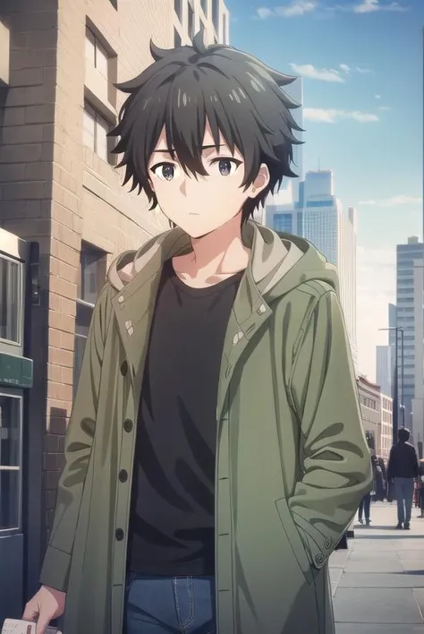 shuuogata, <lora:shuu ogata s1-lora-nochekaiser:1>,
shuu ogata, short hair, black hair, hair between eyes, male focus, (black eyes:1.3),
BREAK shirt, jacket, open clothes, open jacket, black shirt, green jacket,
BREAK outdoors, city, sky, sun, clouds, buildings, cars, people, crowd,
BREAK looking at viewer, (cowboy shot:1.5),
BREAK <lyco:GoodHands-beta2:1>, (masterpiece:1.2), best quality, high resolution, unity 8k wallpaper, (illustration:0.8), (beautiful detailed eyes:1.6), extremely detailed face, perfect lighting, extremely detailed CG, (perfect hands, perfect anatomy),