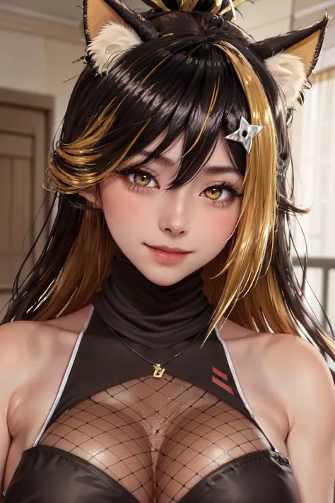nekoyo chloe, 1GIRL ,SOLO ,hair ornaments , fishnet , ninja , yellow eyes, multicolored hair, upper body, cat ears, animal ears, streaked hair, looking at viewer, happy,smile ,parted parted lips,