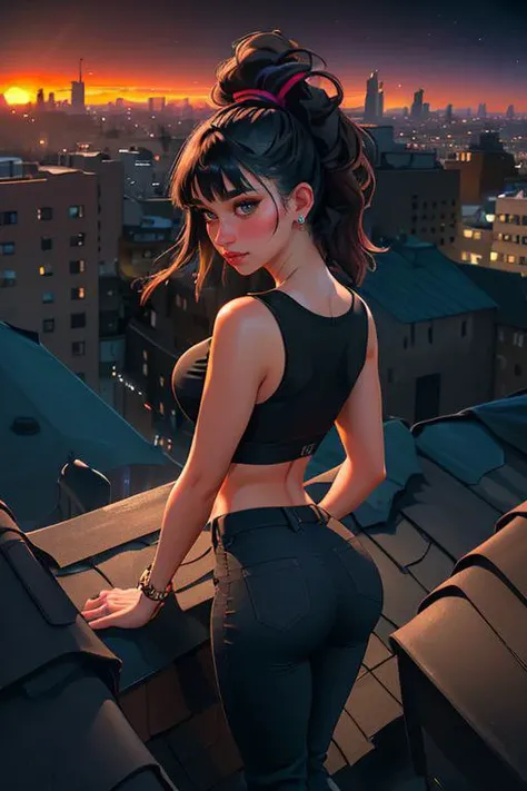 DEN_ambergianna,
((cityscape:1.2) scene posing on the (rooftops:1.2) at (sunset:1.2) wearing clothes, wearing trousers and a top, (plain top:1.2), (top:1.2), (trousers:1.2), (cityscape:1.2), (night time sunset sky:1.3), (dark:1.1), (evening:1.2), vibrant sky colours:1.2),
bokeh, f1.4, 40mm, photorealistic, raw, 8k, textured skin, skin pores, intricate details <lora:epi_noiseoffset2:1>, epiCRealism