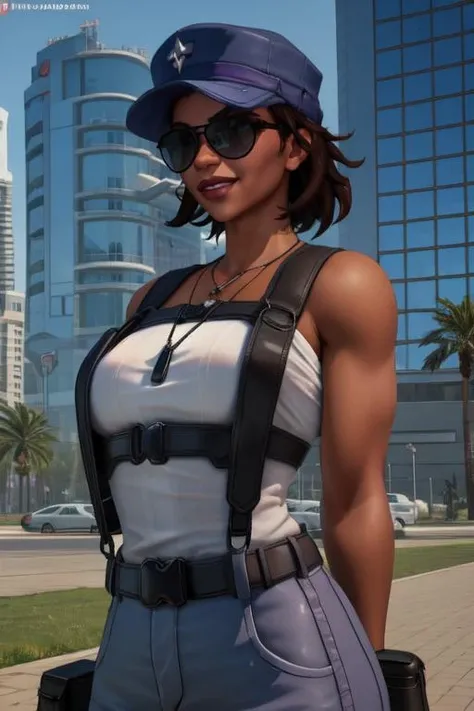 Braddock,brown hair,toned,lips,
shades,hat,white shirt,straps necklace,tactical gear,purple pants,belt,harness,
standing,upper body,(insanely detailed, masterpiece, best quality),smile,
solo,<lora:Braddock-10:0.7>,