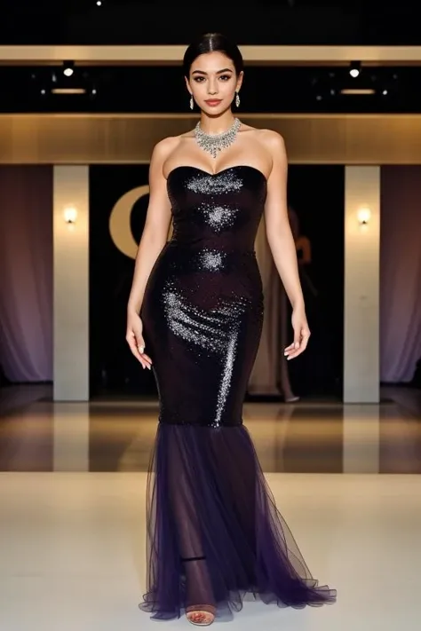 realistic, masterpiece, high detailed skin, looking at viewer, full body shot, scenic view
<lora:Purple_Strapless_Dress_By_Stable_Yogi:1> purple strapless dress, bare shoulders, full body, necklace