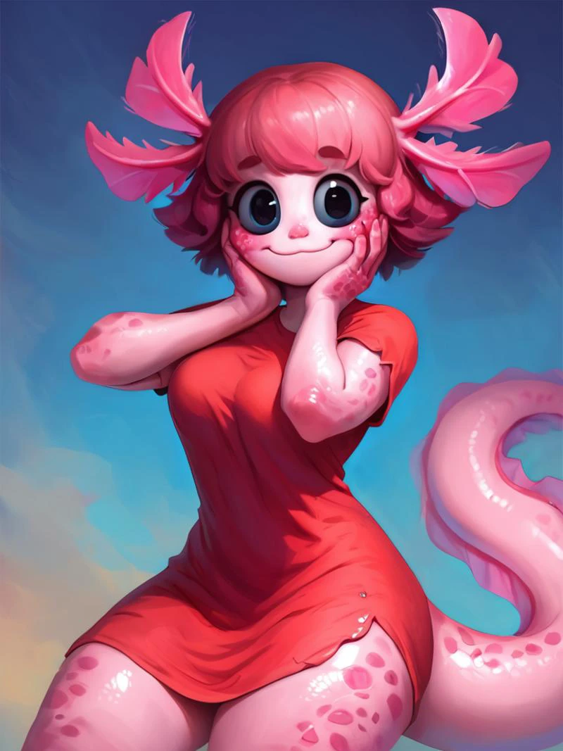 score_9, score_8_up, score_7_up, 1girl, hand on own cheek, veru cute face, squeezing cheeks, surprised, from above, monster girl, colored skin, pink skin, dress, short sleeves, solo focus, looking at viewer, sfw, evil smile, cowboy shot, (dynamic pose:1), cute, medium breasts, thick thighs, sexy pose, scales, thick tail, bangs, axolotl girl, cartoon, bright pupils, black eyes, head focus, short hair,
<lora:AxolotlWorld_Concept:1> AxolotlWorldXLP
