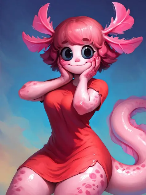 score_9, score_8_up, score_7_up, 1girl sitting on a couch, fluffy pillows, pink room, from above, monster girl, colored skin, pink skin, dress, solo focus, looking at viewer, sfw, evil smile, cowboy shot, (dynamic pose:1), cute, medium breasts, thick thighs, sexy pose, scales, thick tail, bangs, axolotl girl, cartoon, bright pupils, black eyes, open mouth, lollipop,
<lora:AxolotlWorld_Concept:1> AxolotlWorldXLP