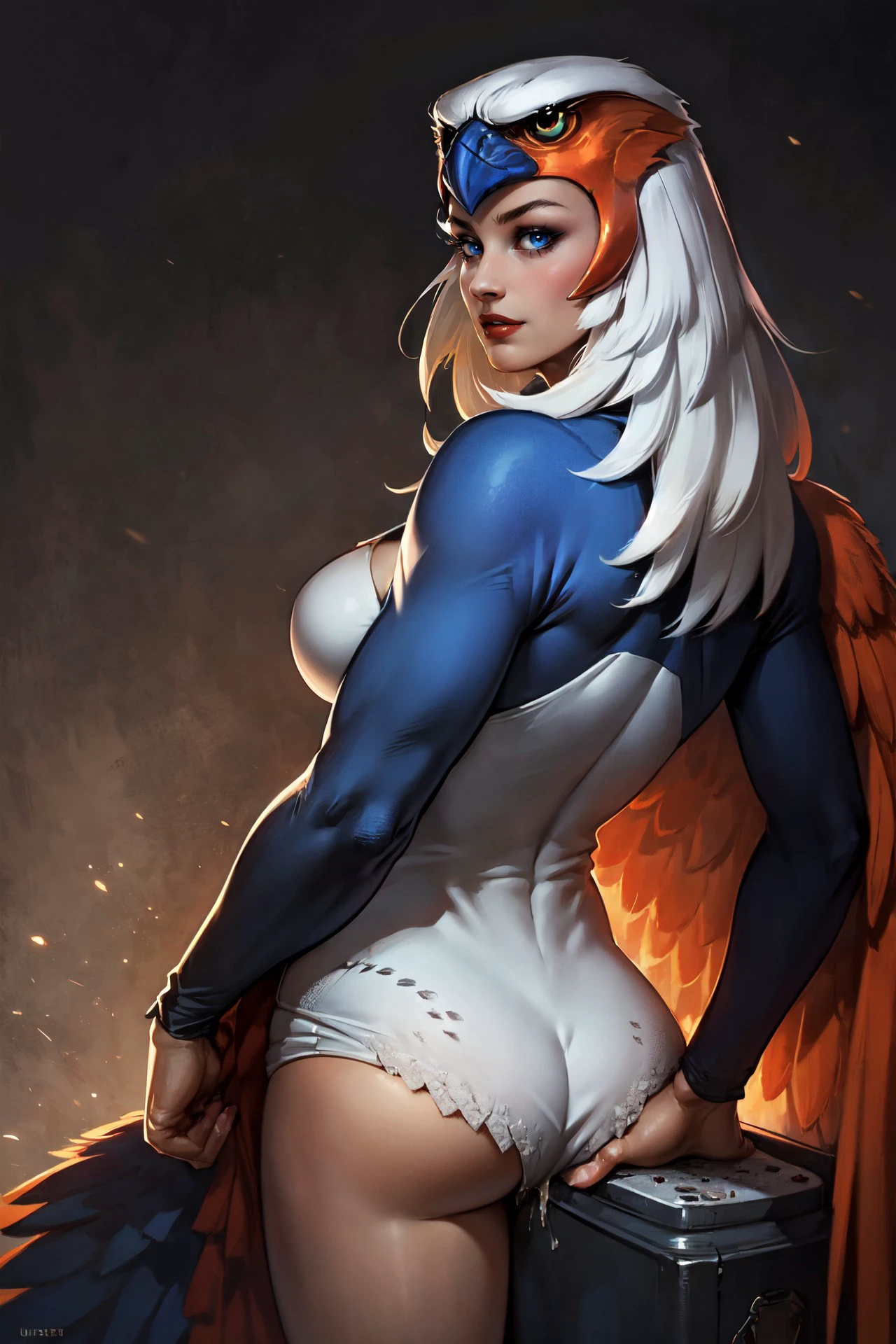 (realistic:1.5), beautiful woman (undressing:1.5), lips parted, (from behind, pulling pants down:1.5), (sybian:1.3), mature, age 21, outstretched arm, small demure smile, (slim, slender, skinny:1.1), narrow hips, slender thighs, large breasts, seductive, (clothing aside:1.3), highly detailed background, (OverallDetail:1.1), EyeDetail, fFaceDetail, fHandDetail, HairDetail, looking at viewer, sexy, provocative, flushed cheeks, blush, after sex glow, CARTOON_Sorceress_heman_90s_ownwaifu, www.ownwaifu.com, Masters of the Universe background, breasts, long hair, white hair, lips, makeup, lipstick, blue eyes, monster girl, nose, red lips, animification, wings, feathered wings, feathers, white hair, angel wings, white wings, harpy, leotard, winged arms, bird wings, helmet, multiple wings, <lora:CARTOON_Sorceress_heman_90s_ownwaifu-15:0.7>