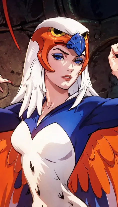 straight-on,pose,looking at viewer,solo, BREAK, 
CARTOON_Sorceress_heman_90s_ownwaifu, www.ownwaifu.com,
breasts, long hair, medium breasts, white hair, lips, makeup, lipstick, blue eyes, monster girl, nose, red lips, animification, 
wings, feathered wings, feathers, white hair, angel wings, white wings, harpy, leotard, winged arms, bird wings, helmet, multiple wings, 
<lora:CARTOON_Sorceress_heman_90s_ownwaifu-15:1>, BREAK, official art, highres, scenery, (masterpiece:1.1), (best quality,:1.1), (high quality:1.1), (anime screencap:1.2),