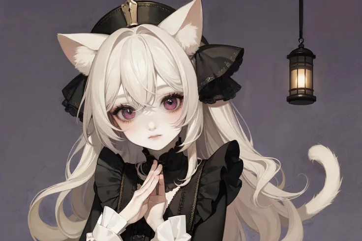 masterpiece, 1girl, animal ears, solo, long hair, dress, tail, holding, lantern, cat ears, long sleeves, black dress, looking at viewer, cat tail, animal ear fluff, grey hair, holding lantern, cat girl, purple eyes, hair ornament, hat, two side up, frills, heterochromia, bangs, blue eyes, closed mouth, waving, purple background, hair between eyes, bow <lora:idc128dim-epoch-000008:1>