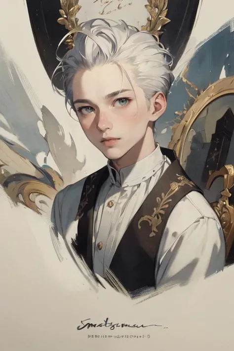 realistic, (best quality, masterpiece:1.3),1boy, solo,Design an image featuring beautiful calligraphy, with expressive lettering, elegant flourishes, and a sense of craftsmanship and skill.
silver hair,bright pupils, short hair, hair slicked back, expressionless,
<lora:idc128dim-epoch-000007:0.7>
