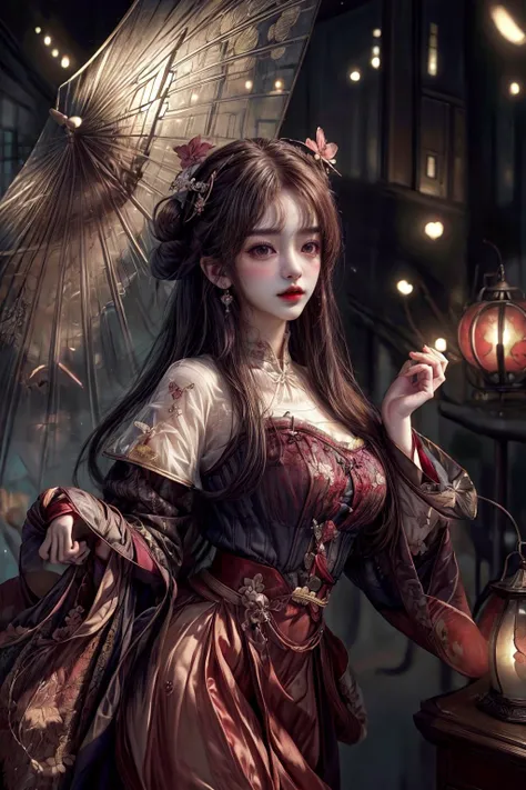 (Absurdres:1.2), beautiful and aesthetic, masterpiece, best quality, extremely detailed,
photo realistic:1.4 , delicate pattern, (intricate detail,extremely intricate:1.2),
(masterpiece:1.2, best quality), (highly detailed:1.3), realistic, realistic details, detailed, <lora:more_details:0.6>, <lora:add_detail:1>
------
<lora:tiaraaurellie_v3:0.3>, <lora:girlfriendmixV1_v20:0.4>, <lora:yurisa chan_20230623045200:0.2>
(pureerosface_v1:0.5) , (ulzzang-6500-v1.1), (idol),
<lyco:fitgirl_v10:0.6>, fit, narrow waist,
<lyco:GoodHands-beta2:1.0> nice hands, perfect hands
Exquisite Makeup, Realistic Skin, beautiful detailed eyes, symmetric eyes,
------
1girl, umbrella, absurdly long hair, large breasts,
portrait, solo, (full body:0.6), looking up, detailed background, detailed face, (<lora:MusketPunkAI:0.6>, MusketPunkAI theme:1.1) vampire, piercing gaze, vampiric, pale skin, vampire fangs, vampire clothes, high collars, dynamic pose, dark expression, blood stains, supernatural abilities, otherworldly aura, red glow, coffin in background, red moon, dark clouds, dark night, eerie atmosphere,,
HANFU, RED LIPS, LIGHT RAYS, EAST ASIAN ARCHITECTURE,
detailed background, chinese clothes, hair ornament, flower, hair flower, window, lattice,from outside, long sleeves, black hair, hair bun, wide sleeves, petals, jewelry, pink flower, butterfly, branch, bug, earrings, looking at viewer, upper body, hands up, facial mark, makeup, glowing, light particles, atmospheric lighting
<lora:idc128dim-epoch-000007:1>