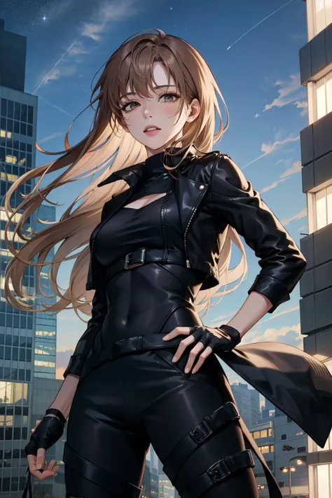 (Masterpiece:1.4), (best quality:1.2), <lora:yoo_sangah-000016:0.8>, yoo sangah, 1girl, black bodysuit, black jacket, fingerless gloves, light brown hair, cowboy shot, skyscraper, city, night, starry sky