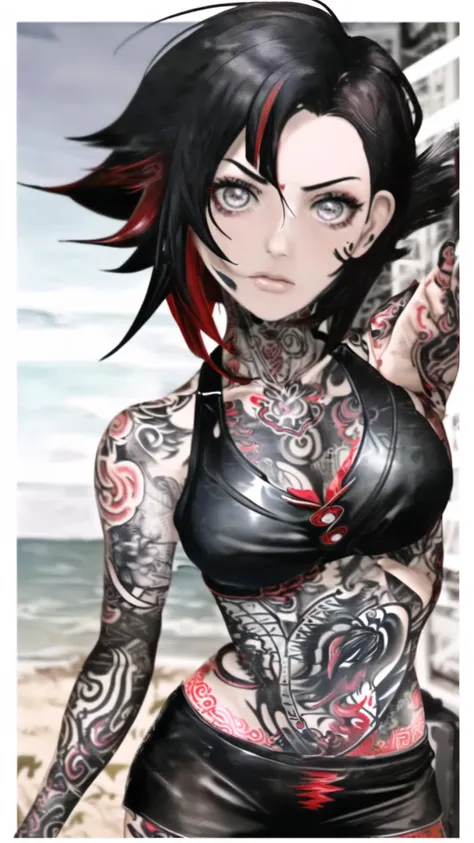 <lora:rwby_rose-10:0.8> ruby rose, 1girl, black hair, red streaked hair, short hair, messy hair, <lora:tattooedgirlv1:0.6> tattooedgirl