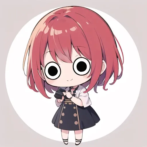 <lora:hotarueye_comic4_v200:1.5>, 1girl, (chibi:1.4), smile, closed mouth, dynamic angle, standing, , red hair,
