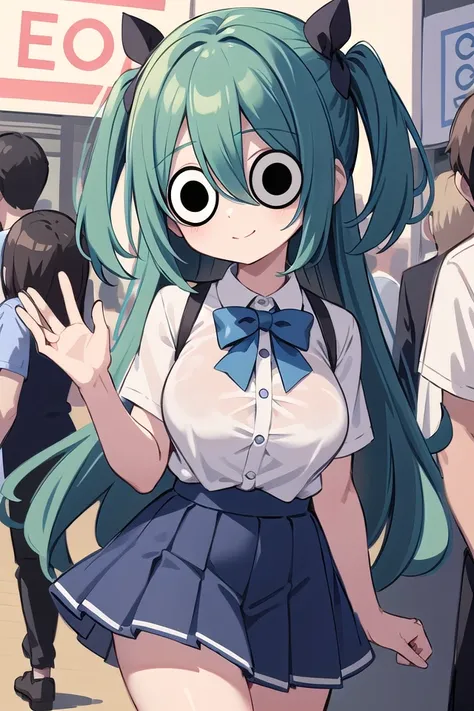 <lora:hotarueye_comic4_v200:1>, insanely detailed, absurdres, ultra-highres, ultra-detailed, best quality,
1girl, solo, nice hands, perfect hands,
BREAK
summer school uniform with indigo blue bowtie, (short sleeves, dark blue skirt, pleated skirt:1.3), (indigo blue:1.3) bowtie, (white shirt:1.3), shirt with white button, (skirt with many pleats:1.4), plain shirt, plain skirt, (striped bowtie:1.3), shirt_tucked_in
BREAK
happy smile, laugh, closed mouth, standing,
,
seductive pose, cowboy shot,
BREAK
slender, kawaii, perfect symmetrical face, ultra cute girl, ultra cute face, ultra detailed eyes, ultra detailed hair, ultra cute, ultra beautiful,
BREAK
in harajuku, shibuya, tokyo, street, crowd, cityscape,
BREAK
large breasts,
(green hair, black eyes), hair between eyes