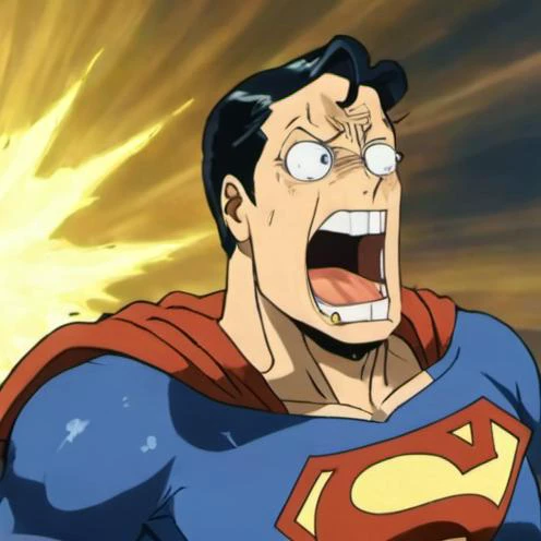 upper body shot of superman, shockedface, eyes popping out, mouth open, sweating, detailed photography,god rays, <lora:PE_OP_ShockedFaceMeme:1>