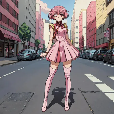 <lora:GaoGaiGar-10:1>outdoor,street,Masterpeace,high quality, GaoGaiGar, 1girl, solo, short hair, pink hair, red eyes, pink dress, thigh boots, standing, full body, hand on hip